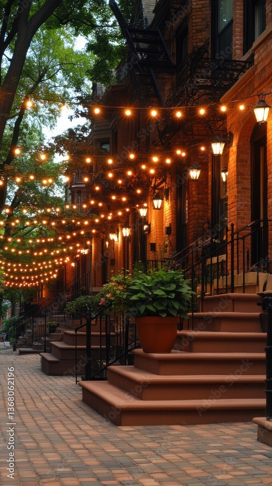 Obraz premium Cozy brick street, warm string lights adorn charming townhouses, creating inviting ambiance