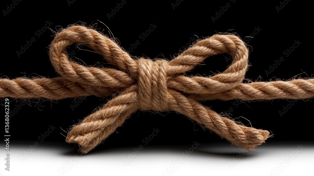 A beautifully tied rope bow displayed against a black background, creating a striking contrast that emphasizes texture and form, ideal for artistic and thematic representations. A beautifully tied rope bow displayed against a black background, creating a striking contrast that emphasizes texture and form, ideal for artistic and thematic representations.