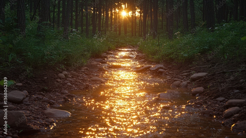Fototapeta premium Sunlit stream flows through forest, reflecting golden light