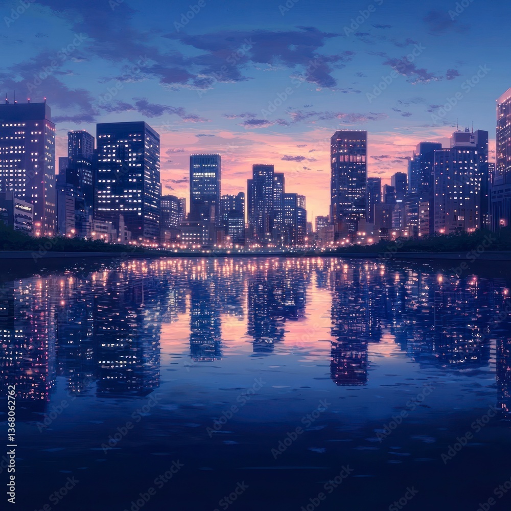 Fototapeta premium Cityscape twilight reflection, urban water scene