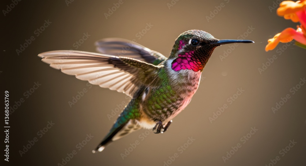 Fototapeta premium Vivid hummingbird hovering near vibrant flower, showcasing nature's beauty and detail