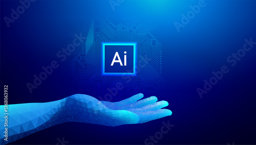 Futuristic digital ai hand holding AI microchip with circuit board connections, artificial intelligence and machine learning, blue technology background