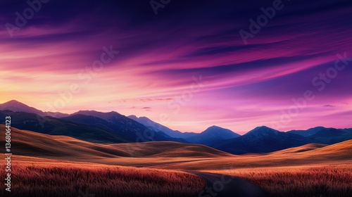 Mystical Landscape at Dusk with Golden Fields Leading to Mountains Under a Vibrant Sky