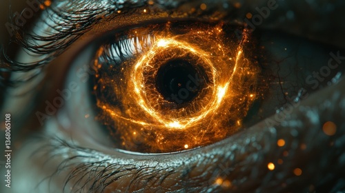 Close-up of an eye with fiery, swirling iris.  Intense detail, cosmic effect