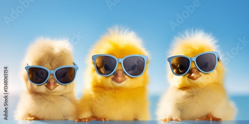 Three cute yellow baby chicks wearing sunglasses, against a blue background, in a photorealistic style, high resolution. bokeh background