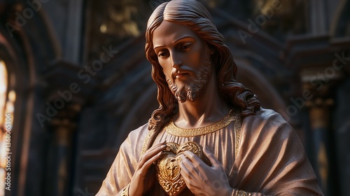 Close up of a jesus christ statue with his hands on his sacred heart in a church setting