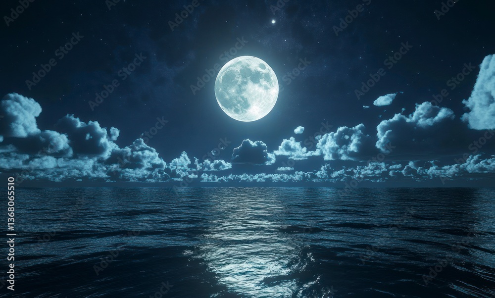Full Moon Over Ocean Reflecting Light in Night Sky with Clouds Full Moon Over Ocean Reflecting Light in Night Sky with Clouds