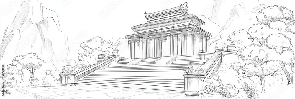 Fototapeta premium Architectural sketch of temple stairs landscape.