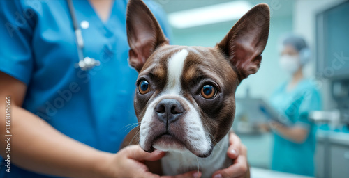 Worried Boston Terrier in the care of a veterinary professional.