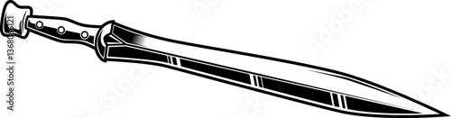 Xiphos-Schwert mit doppelschneidiger Klinge und klassischem Griff – antike griechische Nahkampfwaffe im stilisierten Schwarz-Weiß-Stil.