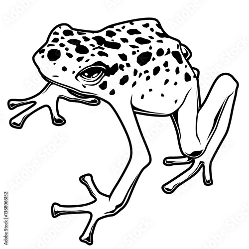 Pfeilgiftfrosch in charakteristischer Haltung mit markanter Hautstruktur – exotisches Tiermotiv in detailreichem Schwarz-Weiß-Stil.