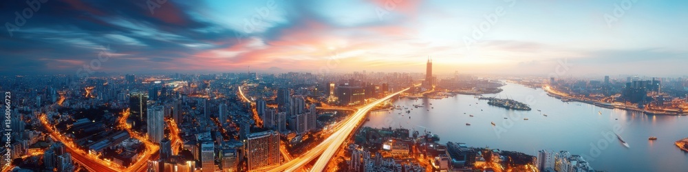 Fototapeta premium Futuristic Urban Panorama Immersive Asian Megacity Twilight Landscape - Smart City Innovation, Digital Connectivity and Technological Emergence in Global Metropolitan Ecosystem