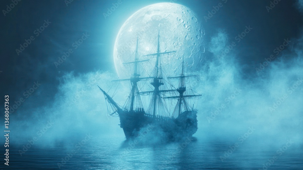 Fototapeta premium Sailing Ship Silhouette Against Giant Moon in Foggy Night Scene