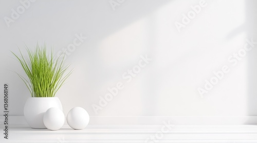 Minimalist modern interior scene with a small plant and orbs