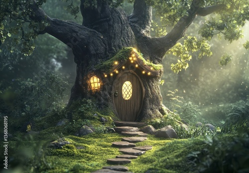Enchanting Treehouse Hideaway in Lush Forest with Magical Glowing Lights