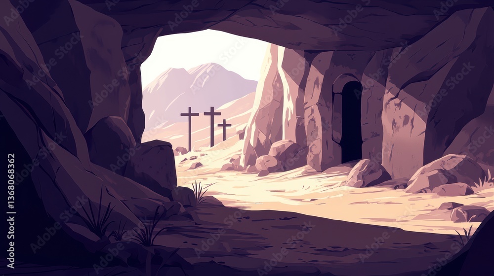 Golgotha with the empty tomb of Jesus Christ and three crosses on the hill, Easter watercolor illustration symbolizing the resurrection