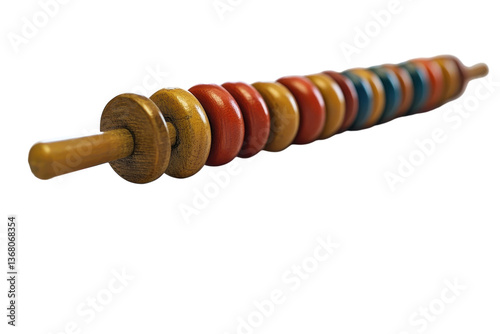 A colorful wooden abacus, a nostalgic childhood toy evoking memories of simple arithmetic and playful learning, with a close-up perspective showing its intricate details.