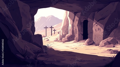 Obraz na płótnie Golgotha with the empty tomb of Jesus Christ and three crosses on the hill, Easter watercolor illustration symbolizing the resurrection w salonie