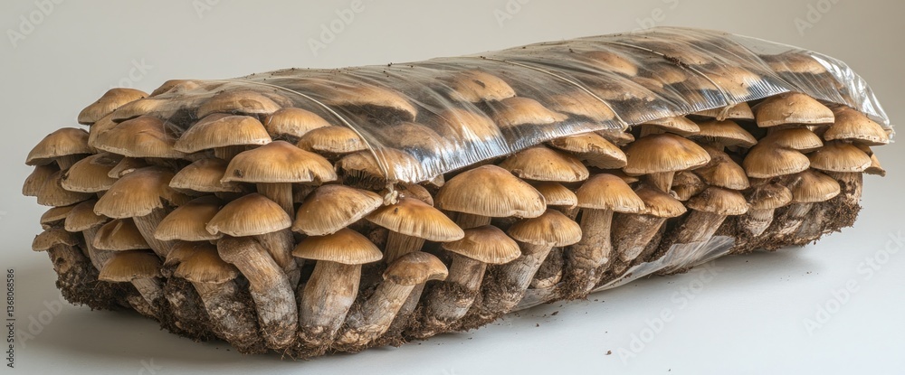 Obraz premium A large block of freshly harvested mushrooms, tightly packed and sealed in plastic wrap, ready for distribution