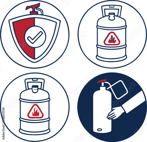 warning propane gas cylinder icon or logo. Cartoon vector gas cannister symbol. LPG tank or container for propane bottles
