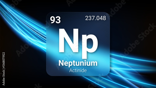 Neptunium (Np) (093) Actinide, Glass Morphism Element Futuristic Neon Light Glow Background Periodic Table, Chemical Symbol, Name, Atomic Mass, Atomic Number, Vector Illustration