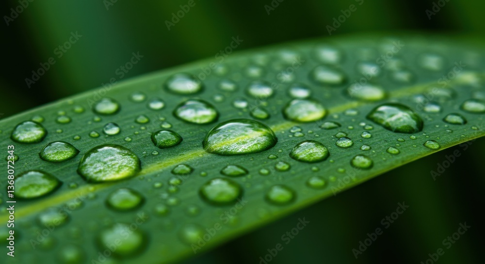 Green leaf covered in water droplets, showcasing nature's beauty and freshness Green leaf covered in water droplets, showcasing nature's beauty and freshness