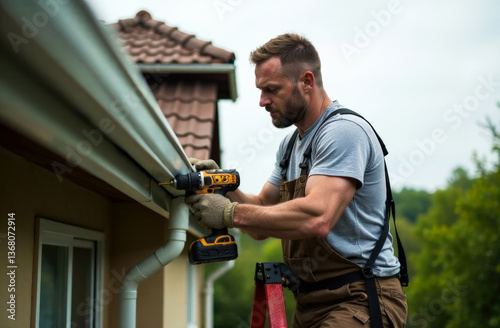 A man on a ladder installing aluminum gutters on the edge of a house roof. He is dressed in simple work attire, focused on securing the gutter with a power drill