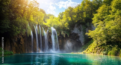 Waterfall Flowing Into Turquoise Lake Surrounded by Lush Green Forest Trees