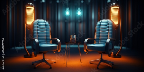 Two blue leather chairs and a microphone in the middle, dark background, orange lights, modern 