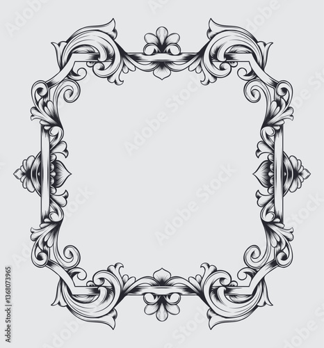 Hand drawn abstract sketch art floral frame vintage baroque ornament. Baroque floral vintage outline design concept.