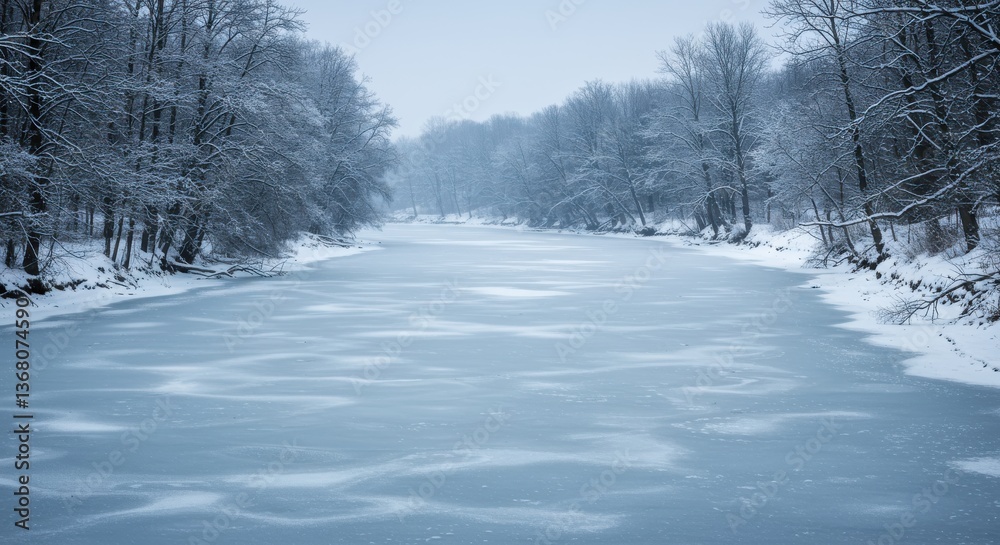 Naklejka premium Serene winter landscape with a frozen river surrounded by snow-covered trees