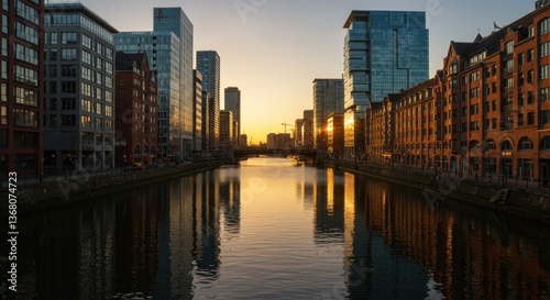 Sunset over a serene canal reflecting city buildings in a vibrant urban setting