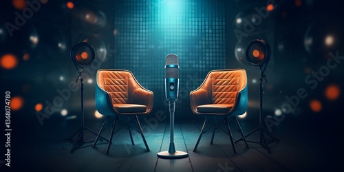 Two blue leather chairs and a microphone in the middle, dark background, orange lights, modern 