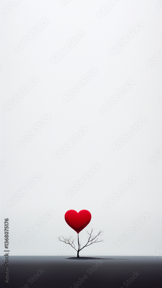 A single tree in a vast, empty landscape, shaped like a heart, symbolizing love, growth, and loneliness. The minimalistic composition enhances the emotional depth, evoking feelings of solitude