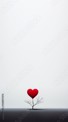 Obraz na płótnie A single tree in a vast, empty landscape, shaped like a heart, symbolizing love, growth, and loneliness. The minimalistic composition enhances the emotional depth, evoking feelings of solitude w salonie