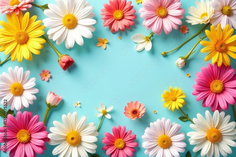 - Fun and cheerful summer joy with colorful daisy flowers in seamless pattern, daisies, pattern, flowers - Fun and cheerful summer joy with colorful daisy flowers in seamless pattern, daisies, pattern, flowers