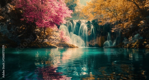 Scenic Waterfall Flowing Into Reflective Pool Surrounded by Colorful Autumn Trees