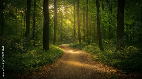Peaceful Forest Path with Sunlight Filtering Through Trees