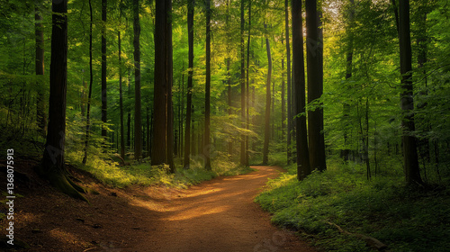 Peaceful Forest Path with Sunlight Filtering Through Trees