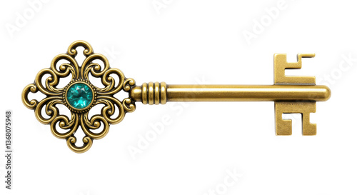 Fotografija Isolated Ornate Gold Key with Turquoise Gem