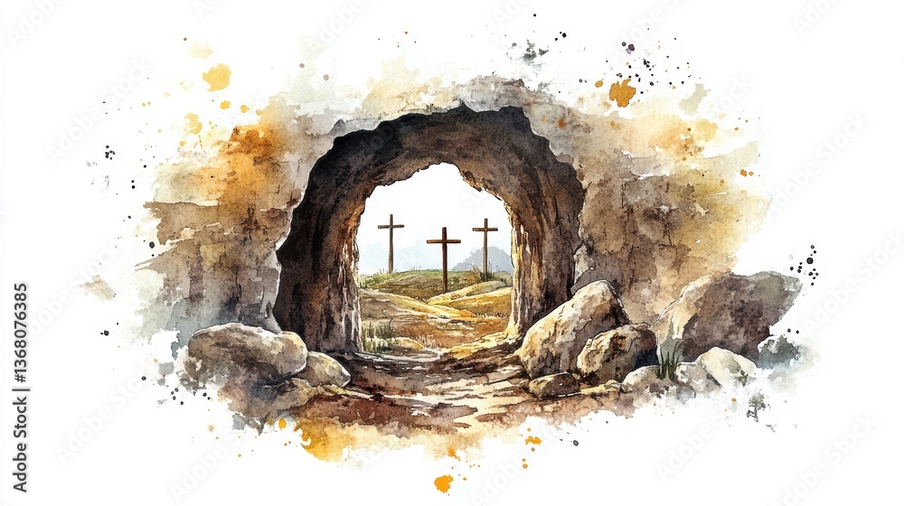 Three crosses on Golgotha seen from the empty tomb of Jesus Christ after the resurrection, watercolor illustration