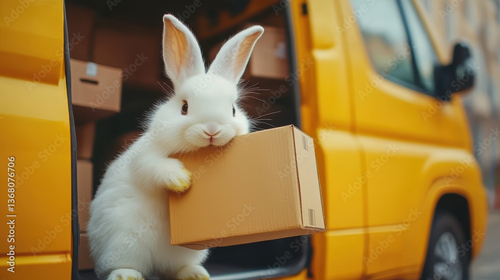 White Easter bunny holding a parcel for courier delivery, gift orders