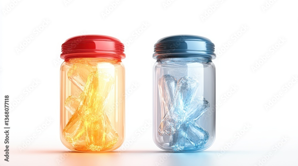 This image depicts two jars filled with colorful sticks, one red and one blue, offering a playful and nostalgic view that symbolizes attraction and joy in an artistic arrangement. This image depicts two jars filled with colorful sticks, one red and one blue, offering a playful and nostalgic view that symbolizes attraction and joy in an artistic arrangement.