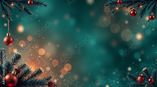 Green theme bokeh Christmas background with warm tones, warm glow, pine tree branches, red ornaments and space for text in the middle