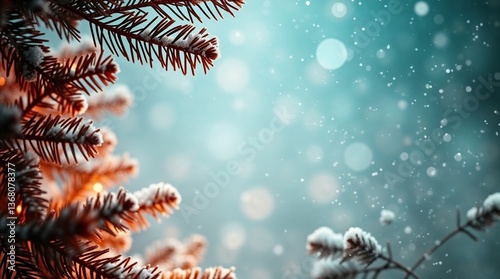 Bokeh blue Christmas background with space for text in the middle and pine tree branch covered in white snow on the left side