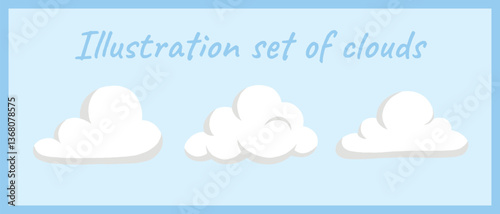 Flat vector image featuring three different cartoon-style clouds on a light blue background, perfect for weather, design, or apps