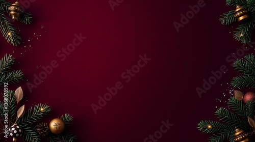 Elegant winter theme background with burgundy notes and  neutral decorations and ornaments, pine tree, baubles