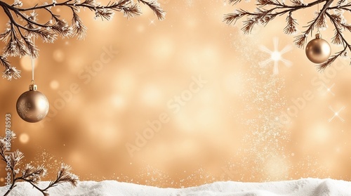 Cream elegant Christmas background with space for text in the middle and pine tree branches on top and magic dust all over