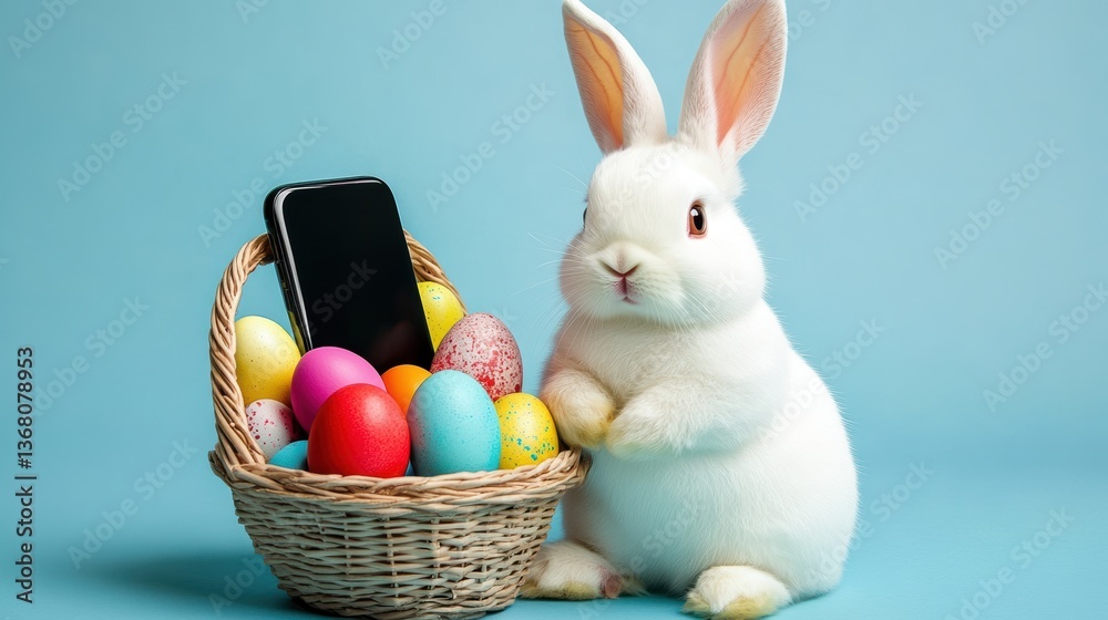 Easter bunny and basket with Easter eggs next to smartphone, blank phone screen with copy space
