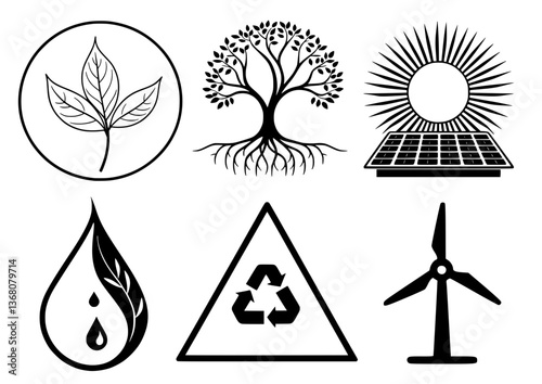 Vector Set of Nature Icons Featuring Tree, Leaves, Sun, solar panel, Water and wind turbine in Minimal Flat Style